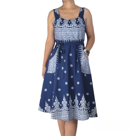 None Dresses & Skirts - Wrap Midi Dress Boho Bandana Print Fit And Flare A-line Pockets Summer Sun dress
